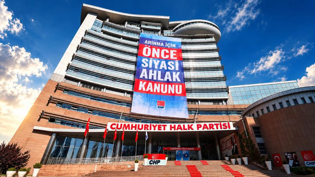 CHP Genel Merkezi'ne “Siyasi Ahlak Kanunu” Pankartı Asıldı